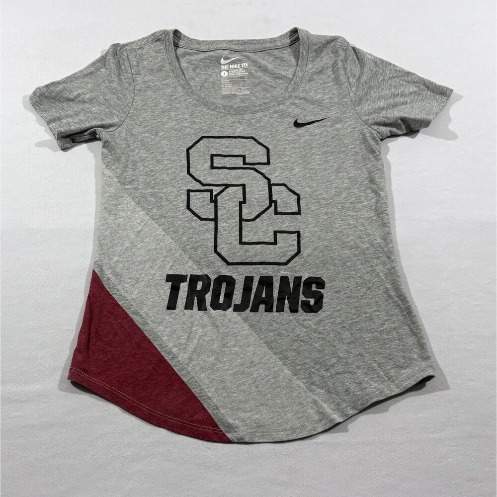 USC Trojans Nike Womens Crew Short Sleeve Gray Print Logo Top Tee T-shirt Sz S